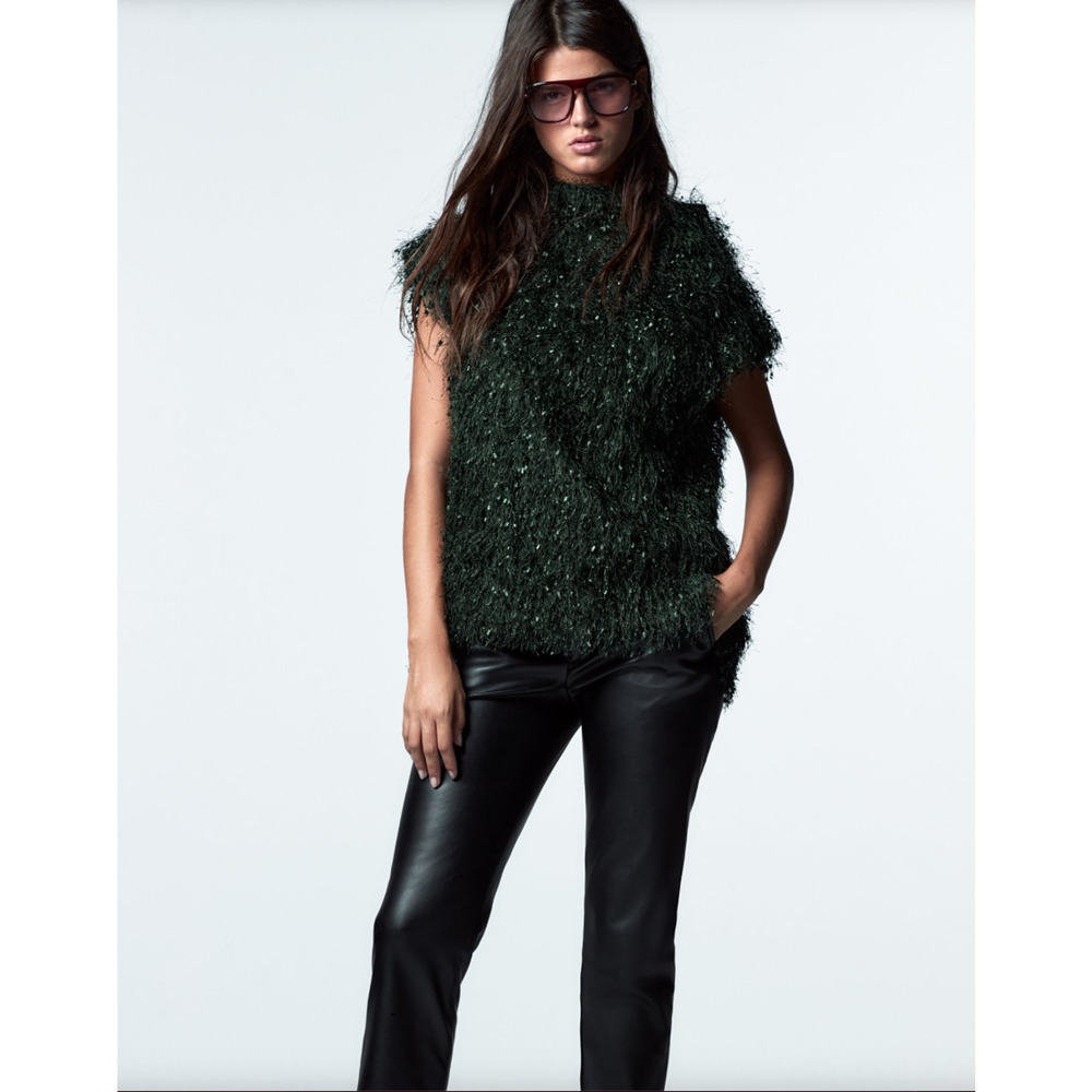 RARE! ZARA Ribbon HIGH NECK Sleeveless Sweater Bottle forest  Green Size medium